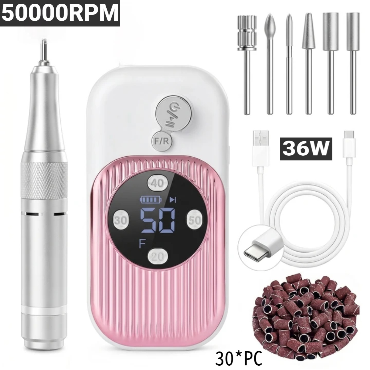 Power Tools Excel - 50000 U/min Hochgeschwindigkeits-Elektro-Nagelbohrer für Acrylnägel, 30